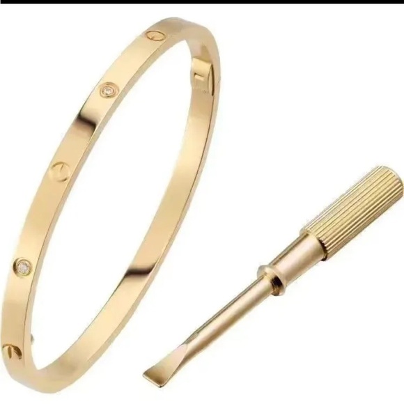 Moon Goddess Emporium Jewelry - 18K Gold Screw & Diamond Love Bracelet Cuff Stackable Bangle Engraved No Fade